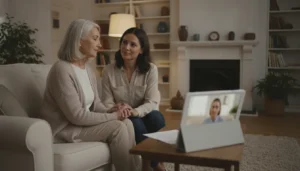 Older adult and family member having a supportive conversation