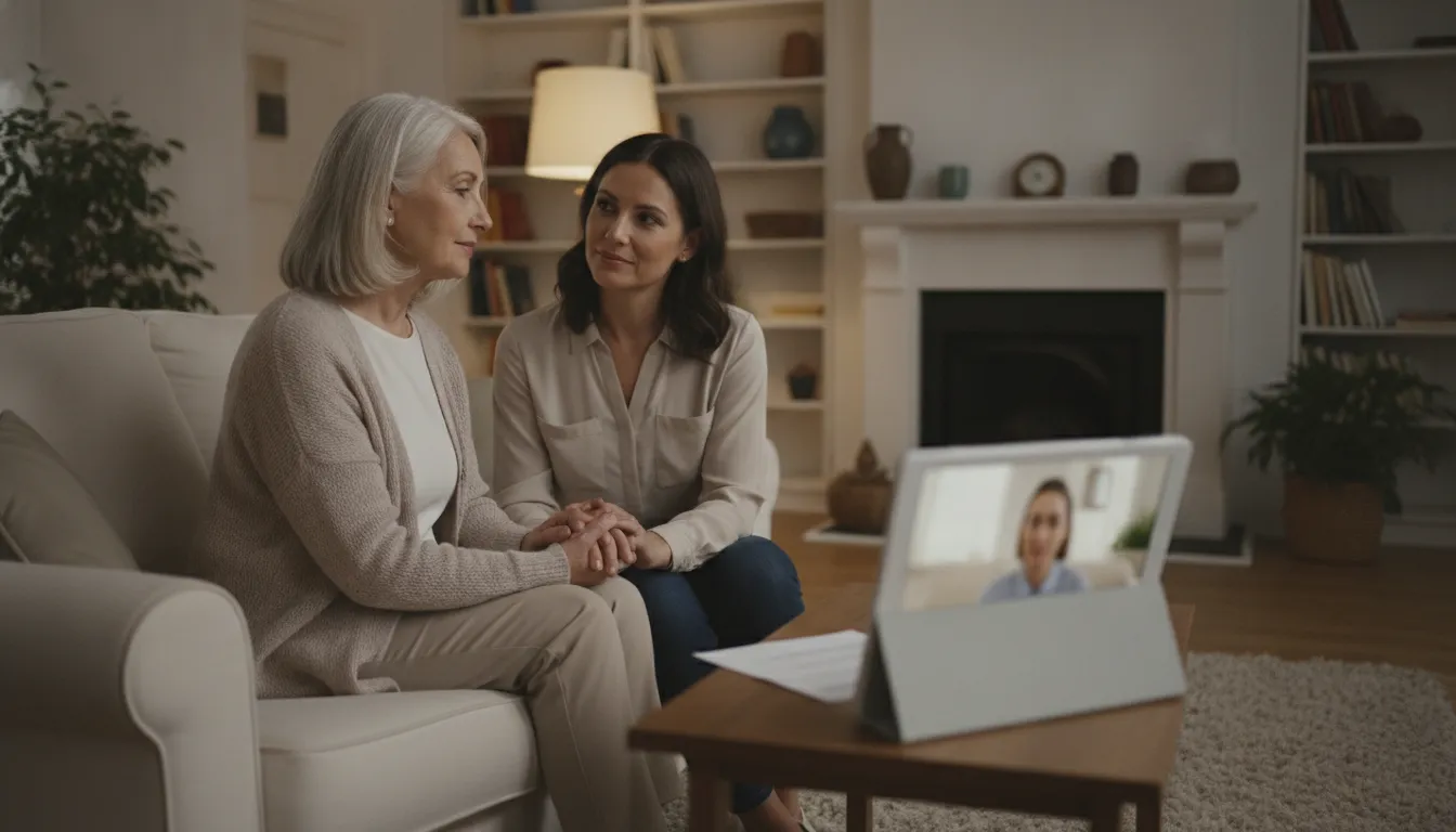 Older adult and family member having a supportive conversation