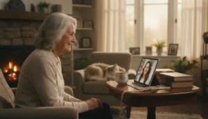 Elderly woman smiling during a video call with her adult daughter on a tablet in a warm home setting