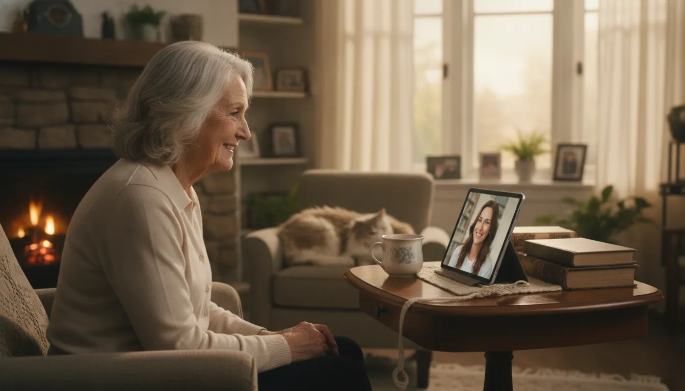 Elderly woman smiling during a video call with her adult daughter on a tablet in a warm home setting