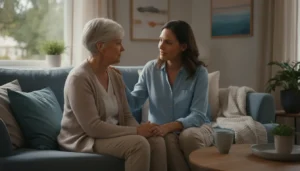 Older adult talking with a supportive family member after a new diagnosis