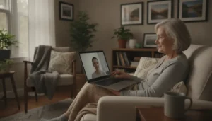 Older adult receiving individual teletherapy by video at home