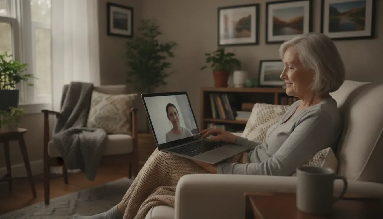 Older adult receiving individual teletherapy by video at home