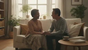 Older adult talking with a trusted friend after a major life transition