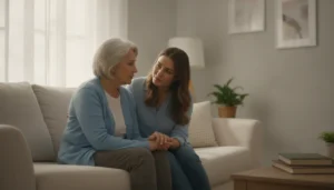 Older adult talking with a supportive family member during a mental health crisis