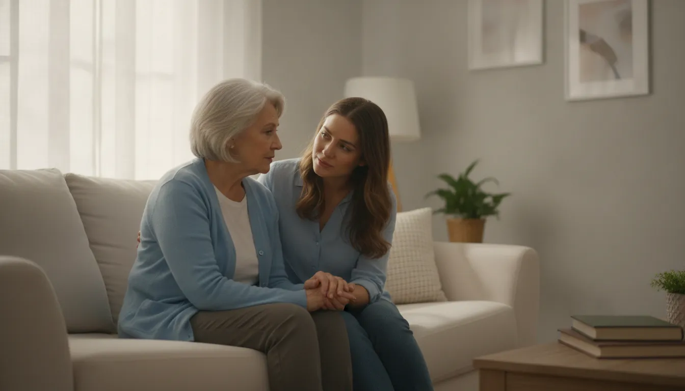 Older adult talking with a supportive family member during a mental health crisis
