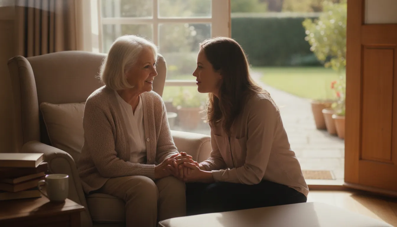 Older adult speaking with a supportive family member at home