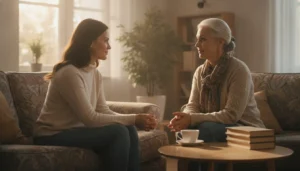 Adult daughter and older mother having a calm conversation at home