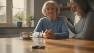 Thoughtful older adult processing a driving change with family support