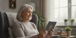 Older adult speaking with a counselor during a calm teletherapy session at home