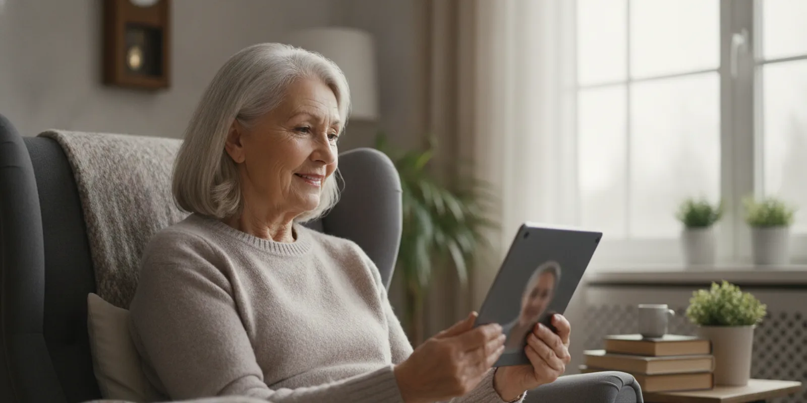 Older adult speaking with a counselor during a calm teletherapy session at home