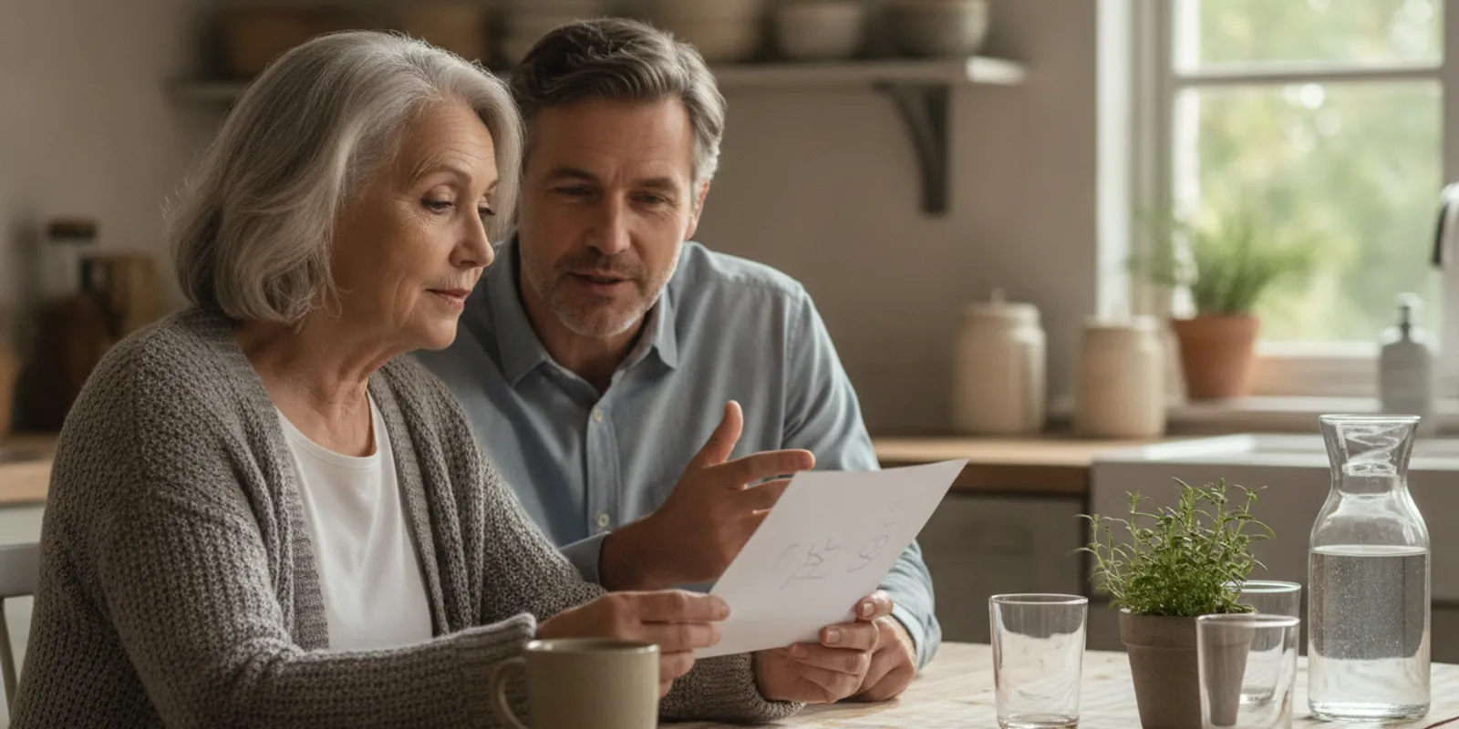 Older adult speaking with a family member while reviewing a medication list at home