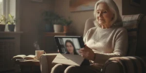 Older adult speaking with a counselor by video from a comfortable home setting