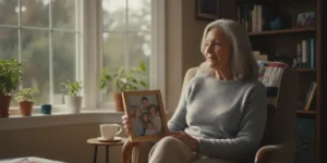 Older adult sitting by a bright window while looking at a family photo after children have moved out