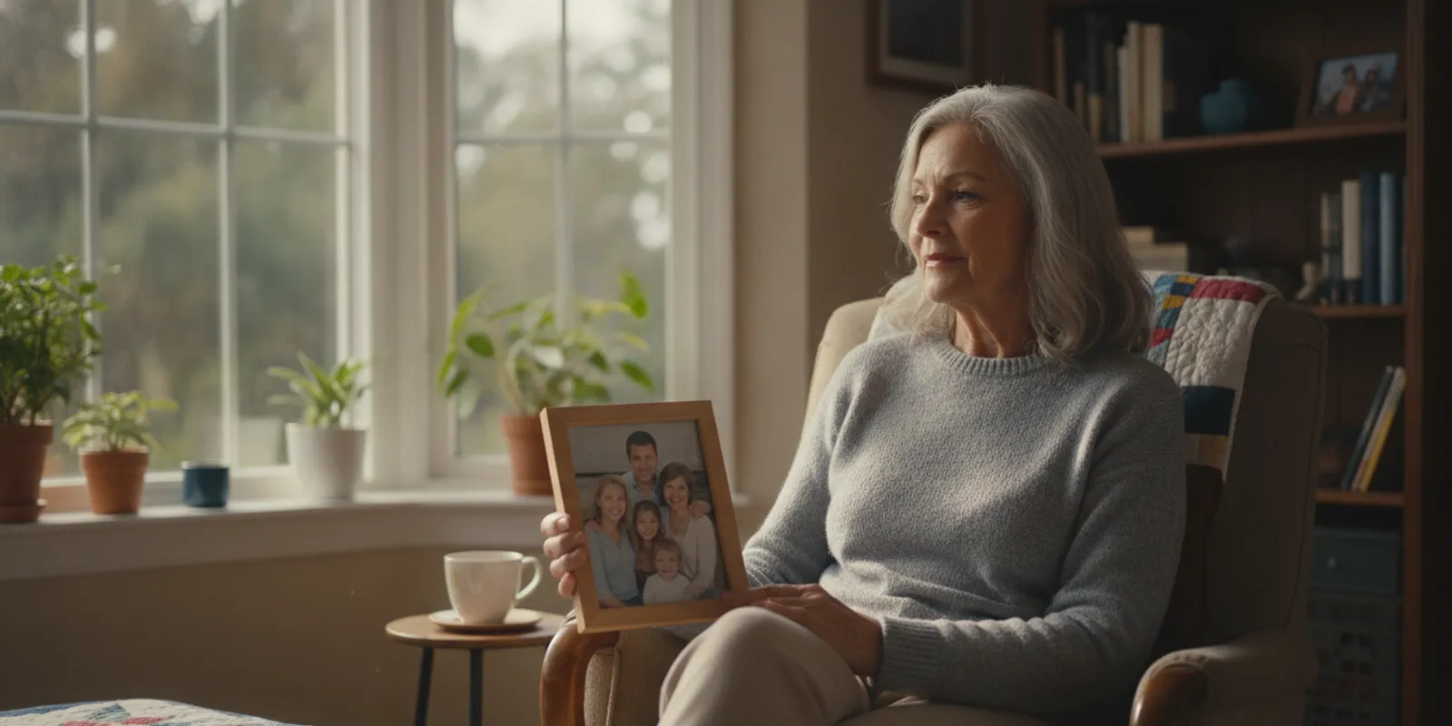 Older adult reflecting on family memories after children have moved out