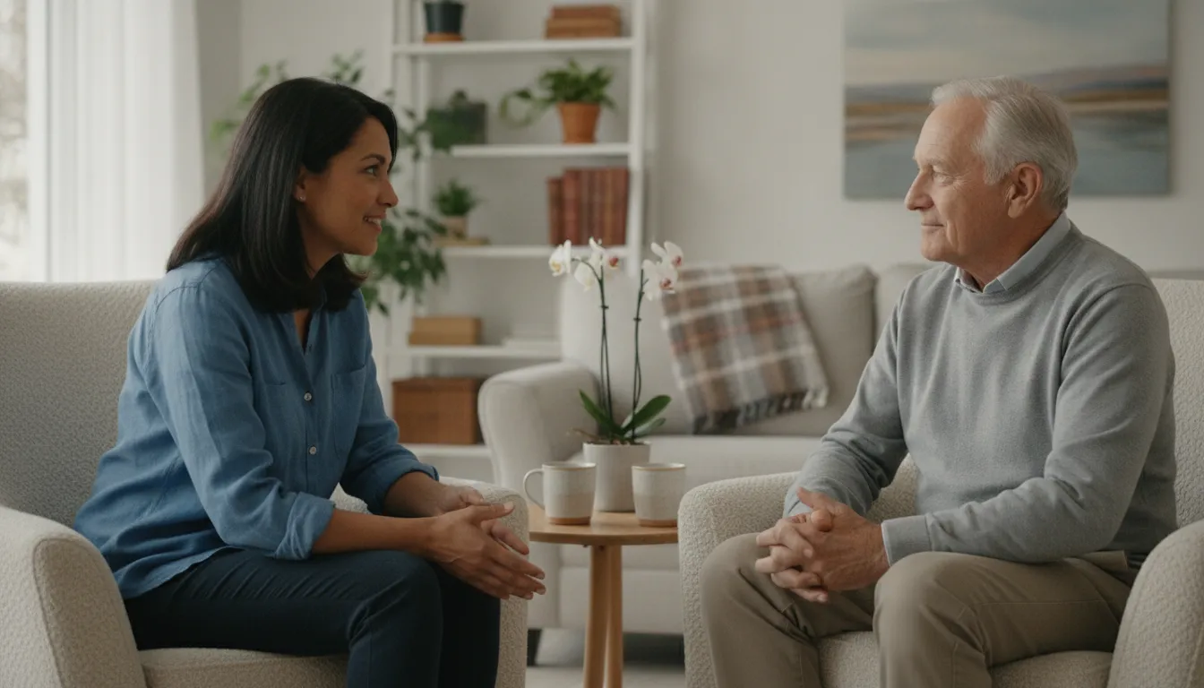 Counselor speaking with an older adult about mental health screening