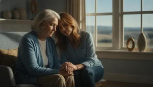 Older adult reflecting with a family member while coping with grief