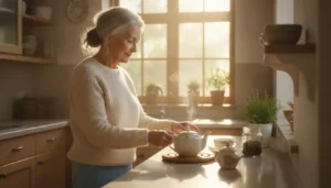 Older woman beginning a gentle morning routine after losing a spouse