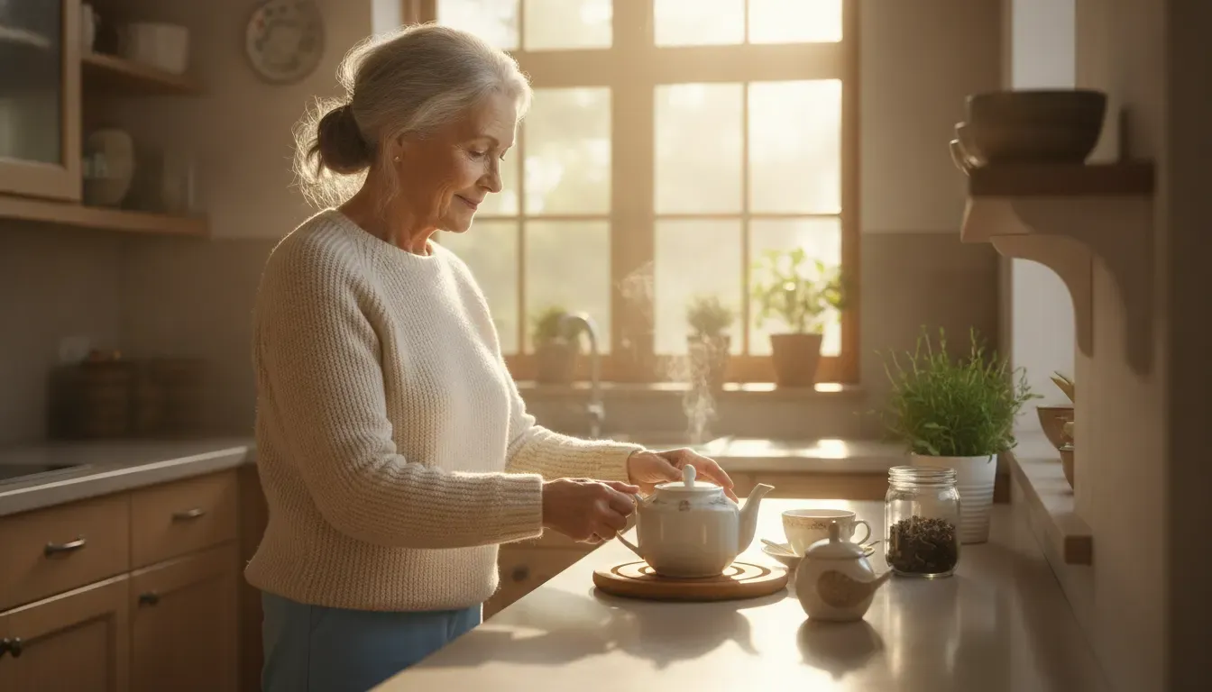 Older woman beginning a gentle morning routine after losing a spouse