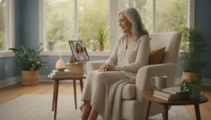 Older adult speaking with a counselor through secure teletherapy