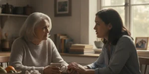 Older adult talking with a loved one at home after a cancer diagnosis