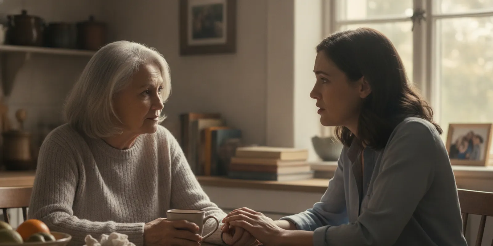 Older adult talking with a loved one at home after a cancer diagnosis