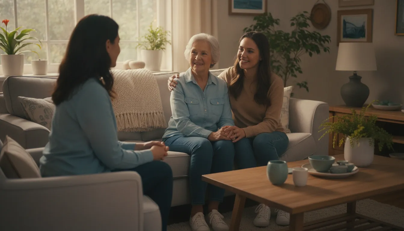 Older adult and family member speaking with a counselor