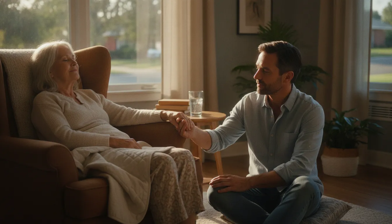 Older adult resting at home with family support during post-hospital syndrome recovery