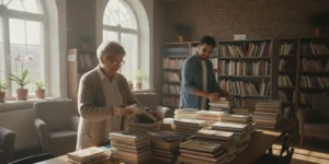 An older adult volunteer sorting donated books at a community center with another volunteer nearby