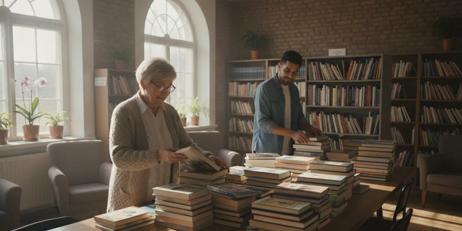 An older adult volunteer sorting donated books at a community center with another volunteer nearby